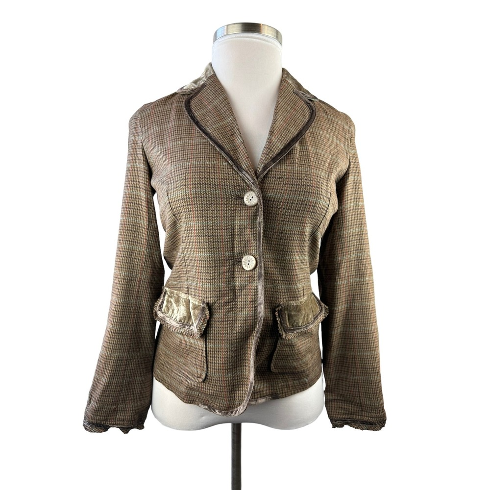 NWT J. Jill Plaid Houndstooth Velvet Trim Blazer Suit Jacket Brown Size 6 Fall - Picture 2 of 13